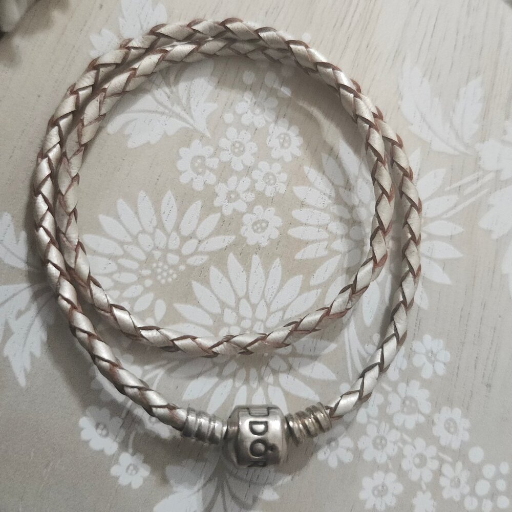 Pandora Sterling Silver Ivory Leather Double Wrap Charm Bracelet